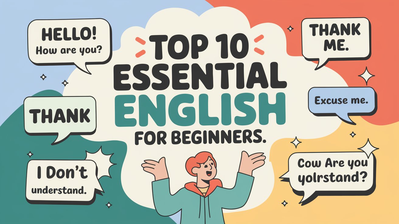 A vibrant, educational graphic with a clean layout. The background features light pastel colors (soft blues, greens, and yellows) with a subtle gradient, evoking a friendly and approachable atmosphere for learning English. At the center, a large text heading reads, “Top 10 Essential English Phrases for Beginners,” in bold, playful fonts to catch attention. Around the heading, there are illustrated speech bubbles containing the phrases “Hello! How are you?”, “Thank you!”, “Excuse me.”, “I don’t understand.”, “Can you help me?”. Each phrase is in a large, easy-to-read font, there’s a character illustration of a person confidently speaking English, with small sparkles around them, symbolizing progress in learning